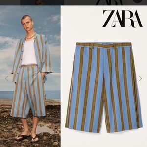 Zara Blue and Olive Striped Shorts